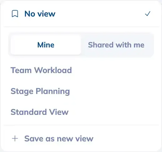 The view selector open on the Planning page, listing the saved views under the Mine tab with Save as new view at the bottom.