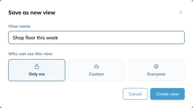 The Save as new view dialog with a view name entered and the Who can see this view options: Only me selected by default, alongside Custom and Everyone.
