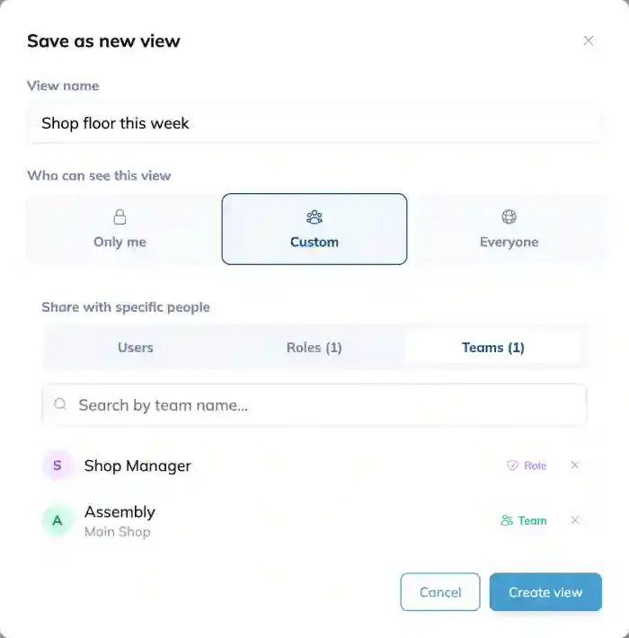 The Custom sharing option expanded, showing the Users, Roles and Teams tabs with a Shop Manager role and an Assembly team added to the view.