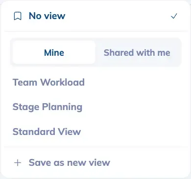 The view selector open on the Planning page, listing the saved views under the Mine tab with Save as new view at the bottom.