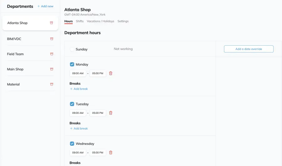 The Departments page under Rules Engine, with the department list on the left and Atlanta Shop selected. Its Hours tab shows department hours per weekday, Sunday marked Not working and Monday to Wednesday running 09:00 AM to 05:00 PM with an Add break link on each.