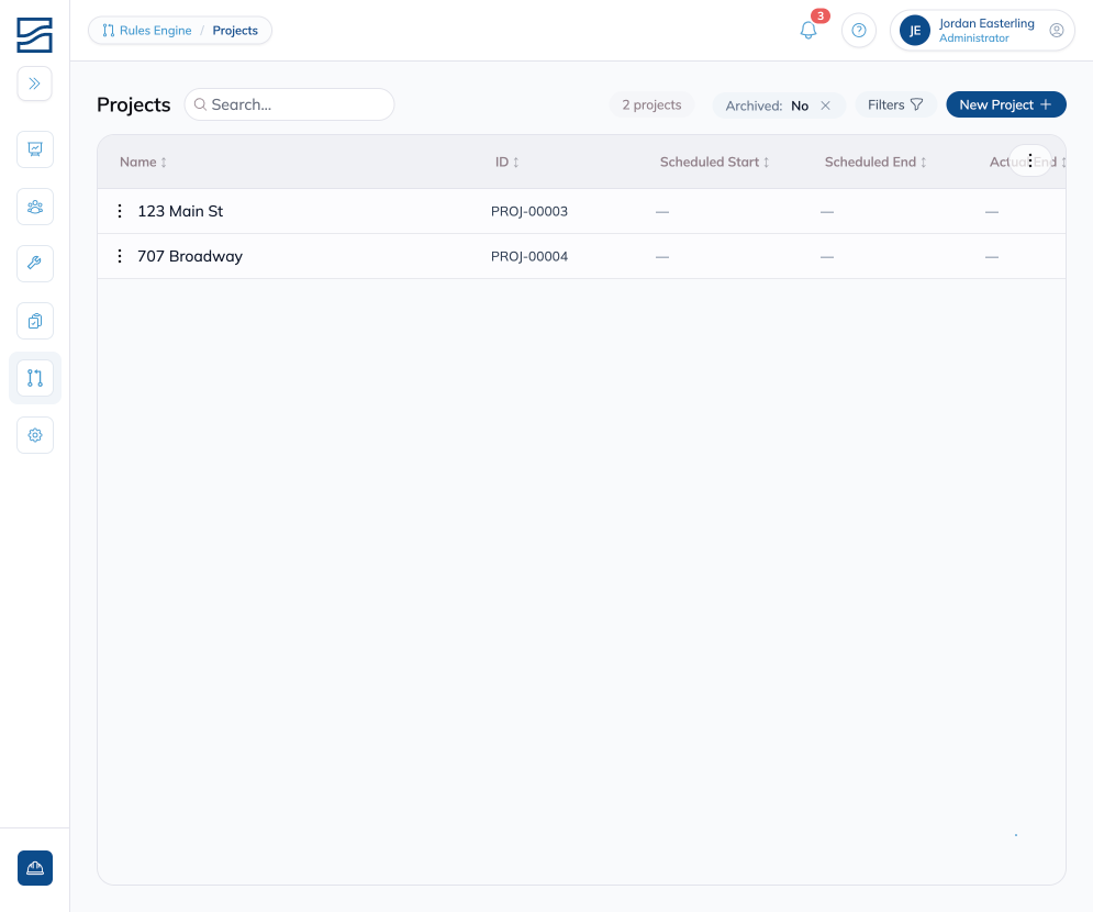 The Projects list in the Rules Engine, with a Search field, an Archived filter, and the New Project button above a table of project names and IDs.