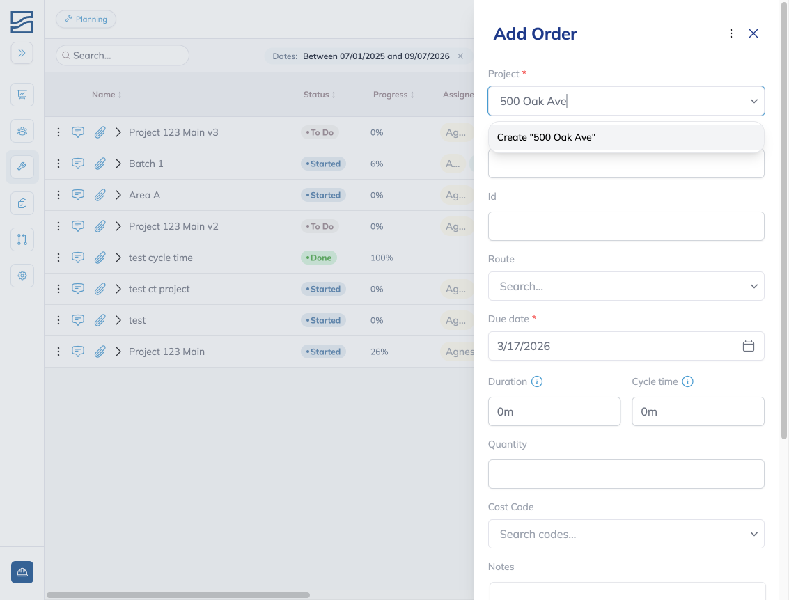 The Add Order drawer with a new project name typed into the Project field and the Create option showing beneath it.