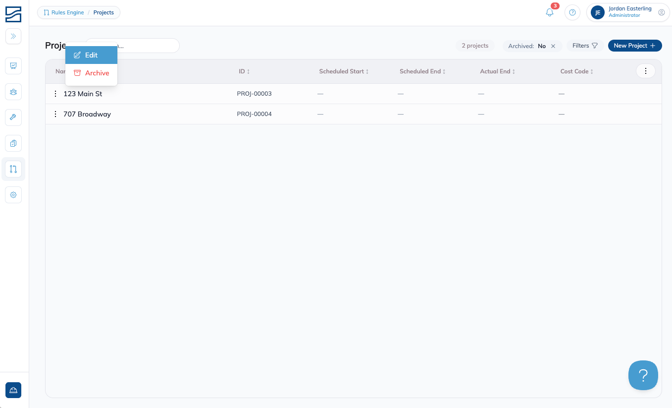 The three-dot menu on a project row with Archive listed beneath Edit.
