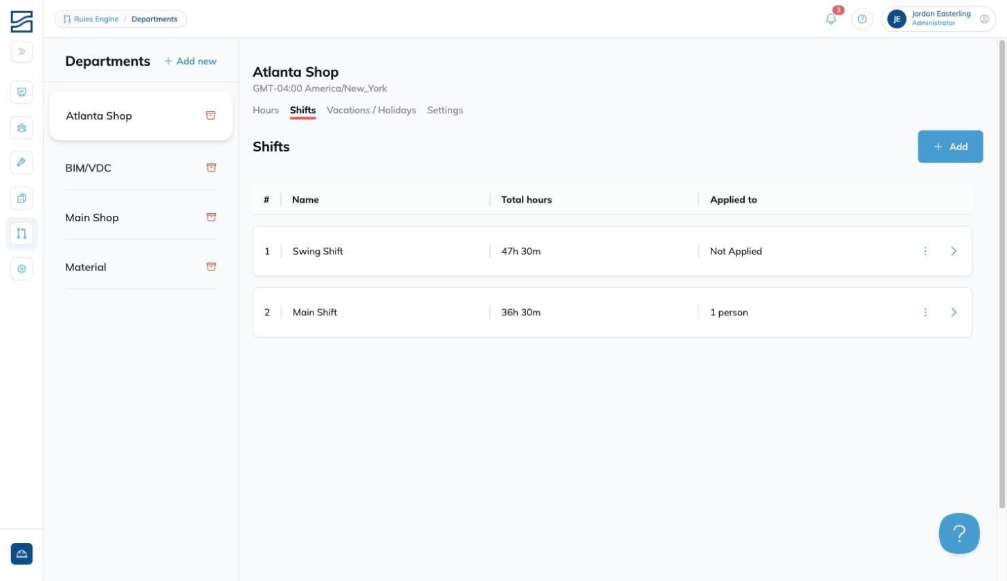 The Shifts tab, listing each shift with its name, total hours, and how many people it is applied to