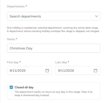 The Add Holiday drawer, with Closed all day ticked and the shortened-day note beneath it