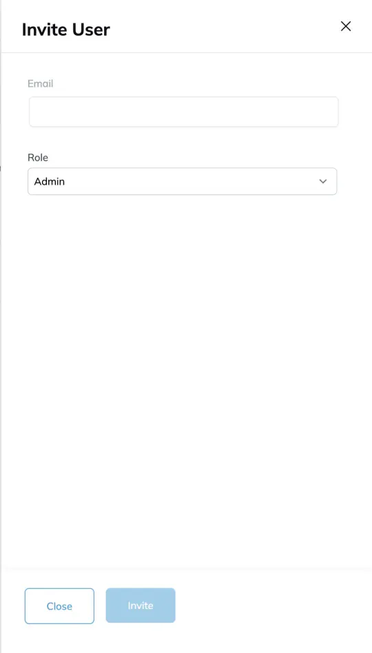 The Invite User drawer, with an Email field and a Role dropdown set to Admin, and an Invite button at the foot.