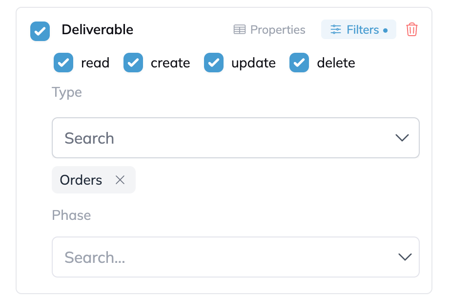 A Deliverable permission card with read, create, update and delete all ticked, Type set to Orders, and a dot on the Filters button showing a filter is active - how the card should look for a role that is allowed to edit the due date.