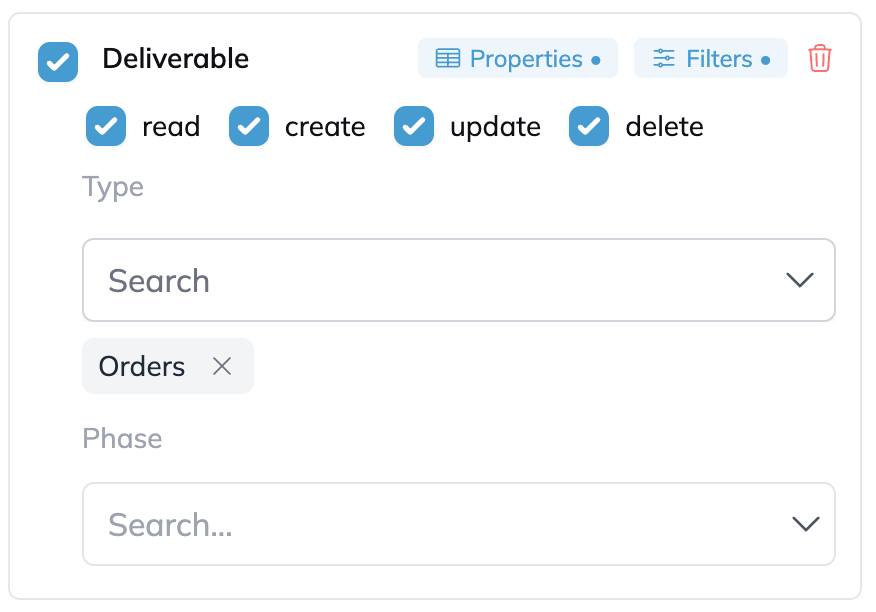 The Deliverable card after the property is saved, with a dot beside the Properties button indicating a property permission is now active.