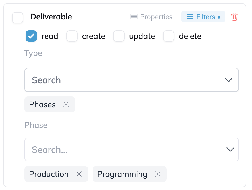 The Deliverable card with read ticked, Type set to Phases, and Production and Programming chosen in the Phase picker, making those phases read-only for the role.