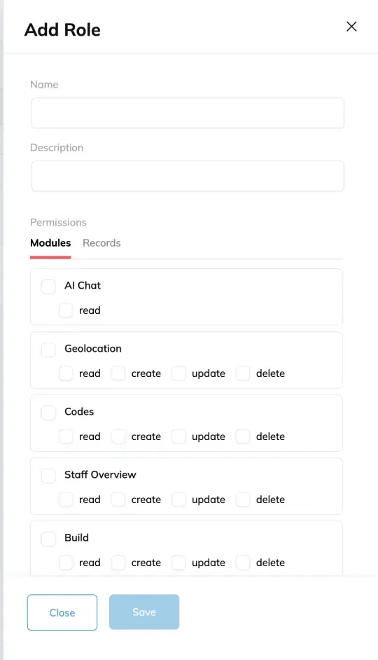 The Add Role drawer, with Name and Description fields above a Permissions section split into Modules and Records tabs, each module offering read, create, update and delete checkboxes.