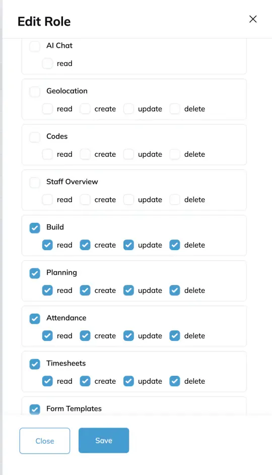 The Edit Role drawer for the Shop Manager role, with the Modules permission list showing Build ticked for read, create, update and delete.