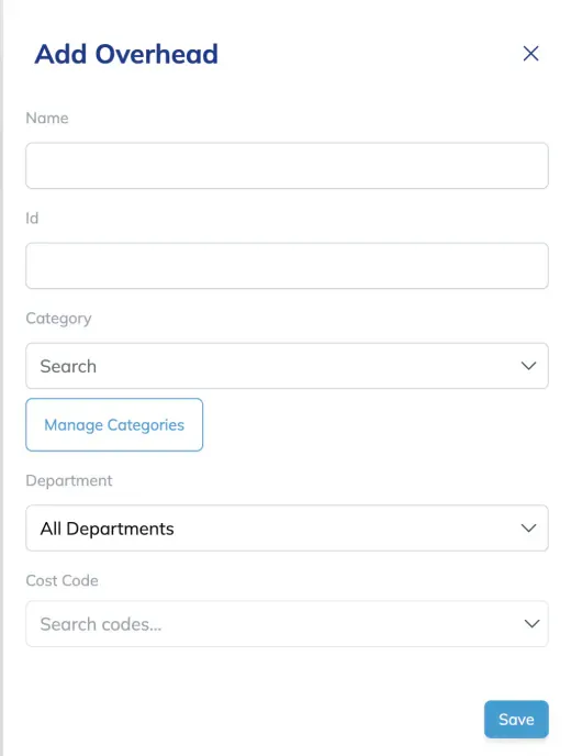 The Add Overhead panel, with fields for Name and Id, a Category picker with a Manage Categories button beneath it, Department set to All Departments, a Cost Code picker, and a Save button at the bottom.