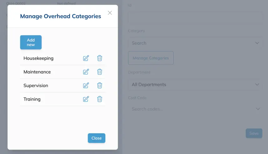 The Manage Overhead Categories dialog open over the Add Overhead panel, listing the existing categories Housekeeping, Maintenance, Supervision and Training, each with edit and delete icons, above an Add new button.