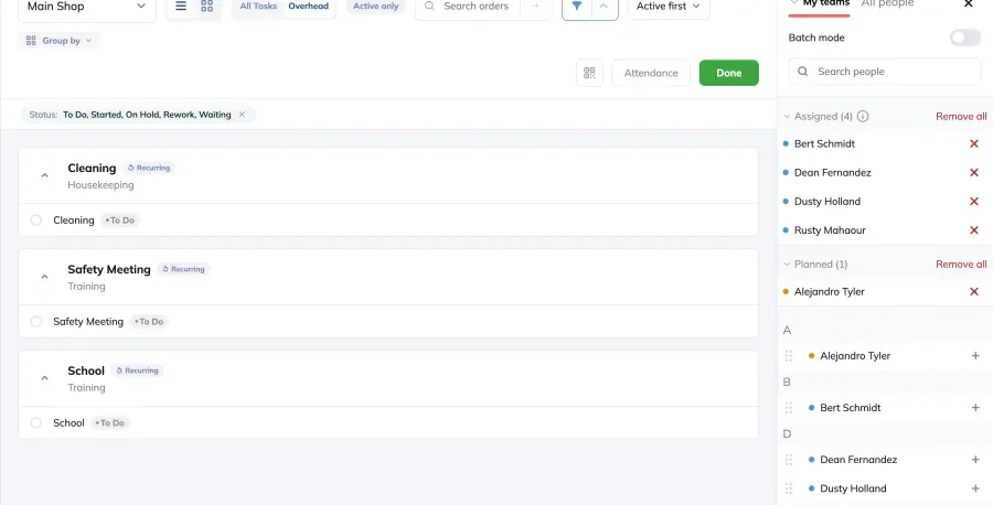 The Build page switched to its Overhead tab, with the Cleaning task selected in the list and the people sidebar open on the right showing four assigned crew members and one planned, plus a Done button in the toolbar.