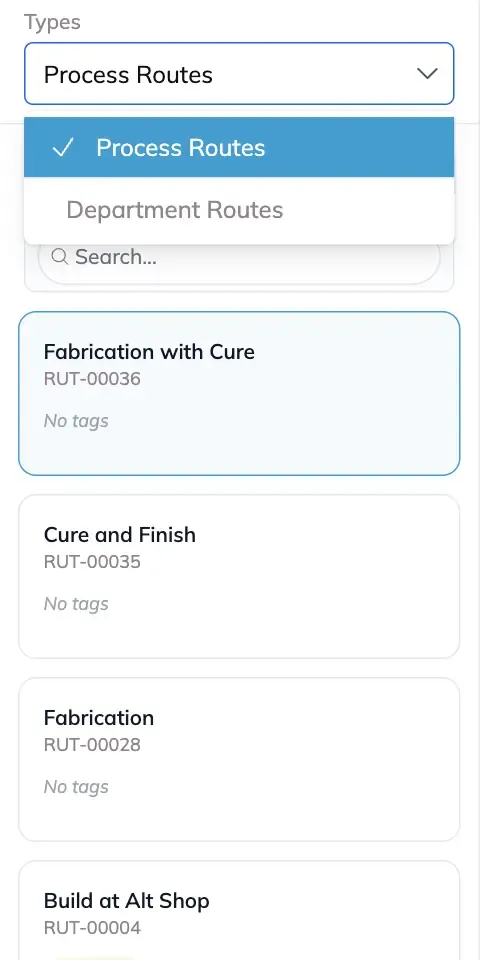 The Routes list with the Types dropdown open, showing Process Routes and Department Routes.