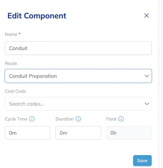 The Edit Component drawer with the Name set to Conduit and the Route field set to Conduit Preparation.