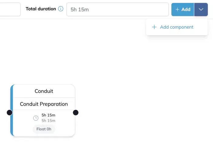 The Add dropdown on the whiteboard open on Add component, above a component card named Conduit that links the Conduit Preparation route.