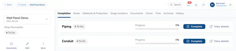 An order's Completion tab listing two components, Piping and Conduit, each with its own progress bar and a View details link.