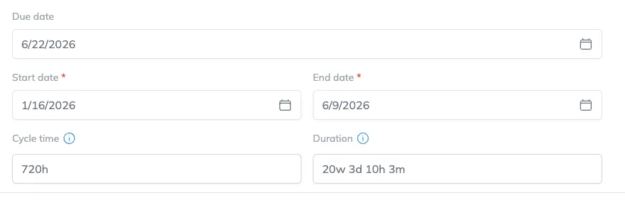 The same drawer after editing Cycle time to 720h, with Duration and Start date already recalculated and End date unchanged, before saving