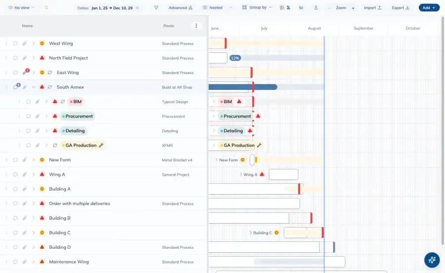 An order expanded in Planning, with its BIM, Procurement, Detailing and Production phases as indented rows, each with its own bar on the Gantt timeline.