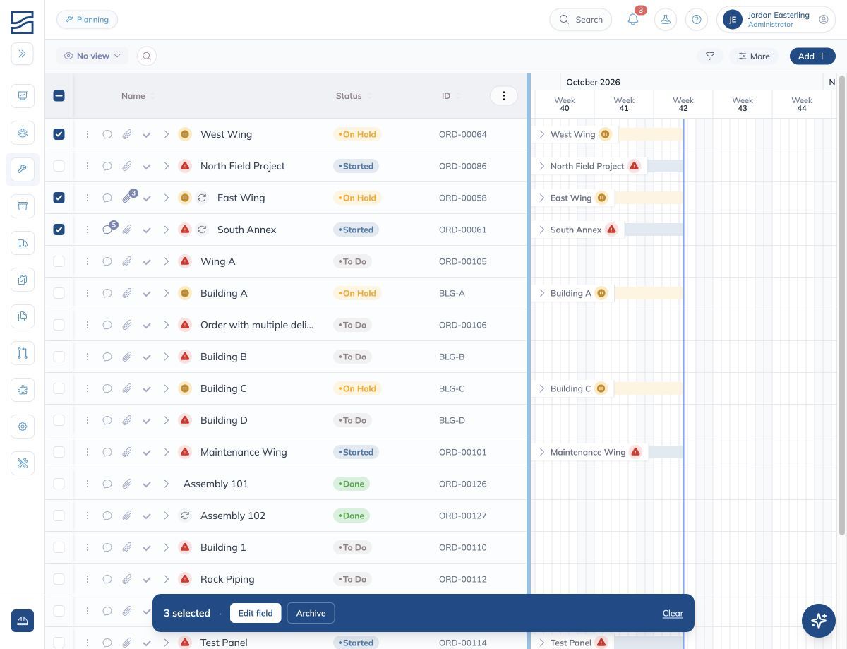 Three selected orders in Planning, with the Edit field and Archive buttons in the action bar at the bottom.