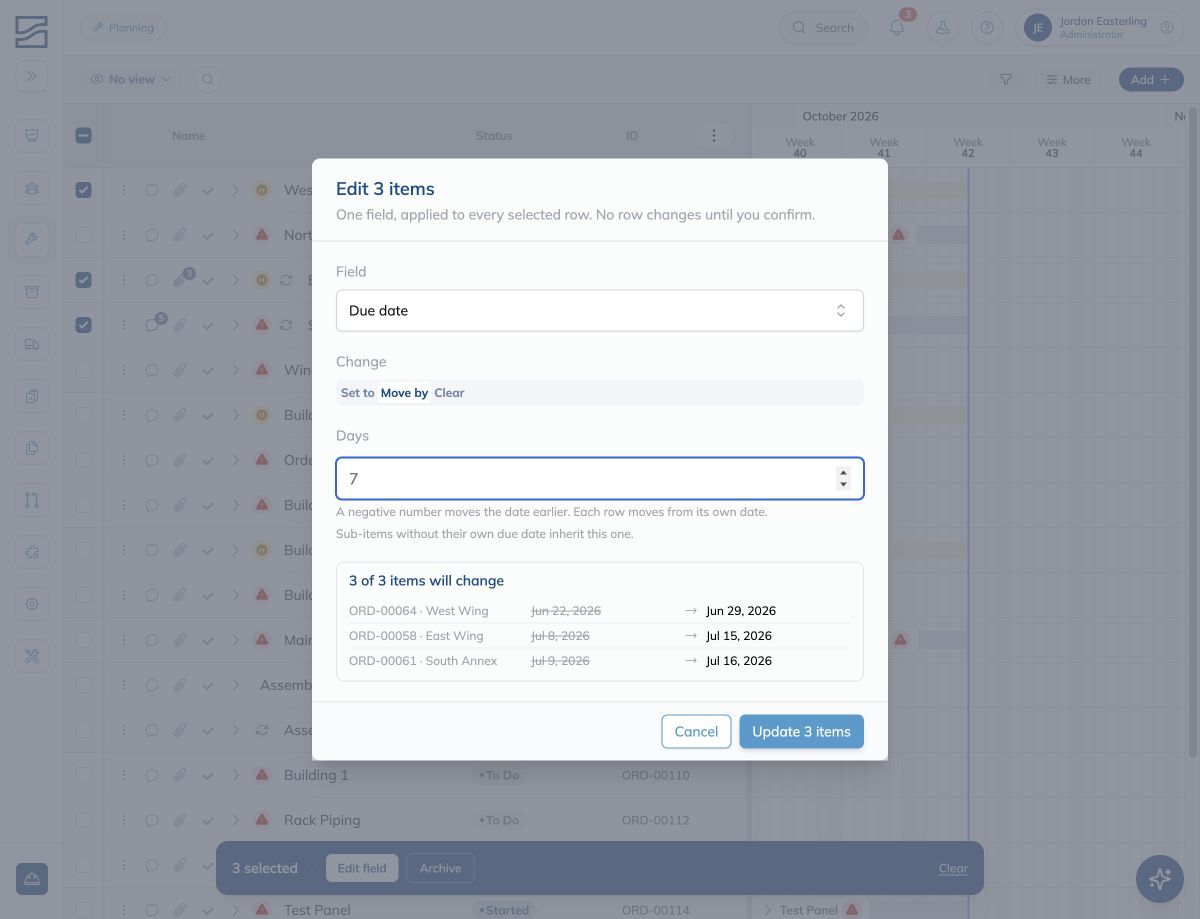 The Edit 3 items dialog previews moving each selected order's due date by 7 days, with the original and new dates shown before Update 3 items is clicked.