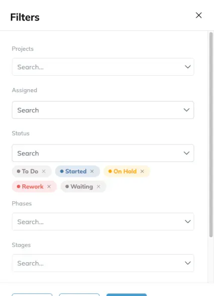 The Filters drawer, with Projects, Assigned, Status, Phases and Stages, and the five status values shown as removable chips.