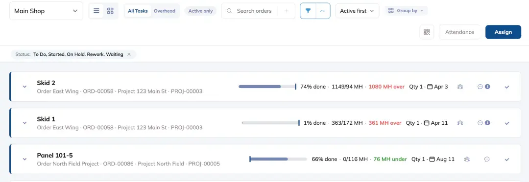 The Build page showing a department selector, All Tasks and Overhead filters, an Assign button, and a list of order cards with progress, man hours and due dates.