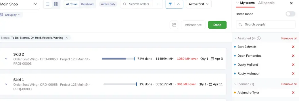 The Build page with the assign panel open on the right, offering My teams and All people tabs, a Batch mode toggle and a searchable list of people to drag onto the order cards on the left.