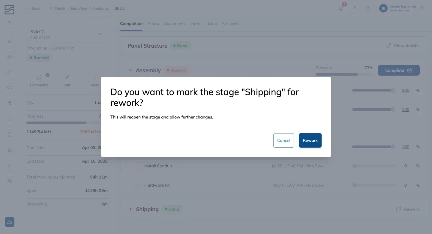 The rework confirmation dialog, asking whether to mark the named stage for rework, with a note that this reopens the stage and allows further changes, and Cancel and Rework buttons.