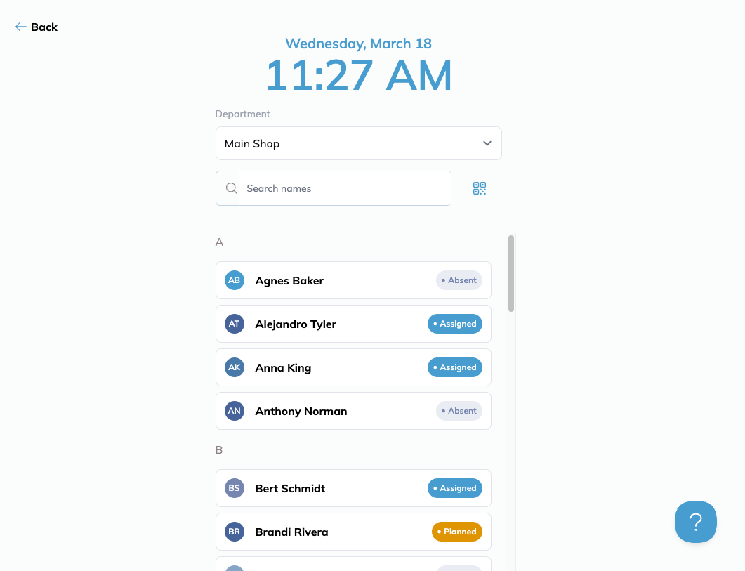 Attendance mode showing the current date and time, a department picker, a name search with a QR button beside it, and an alphabetical list of the team with each person's status.