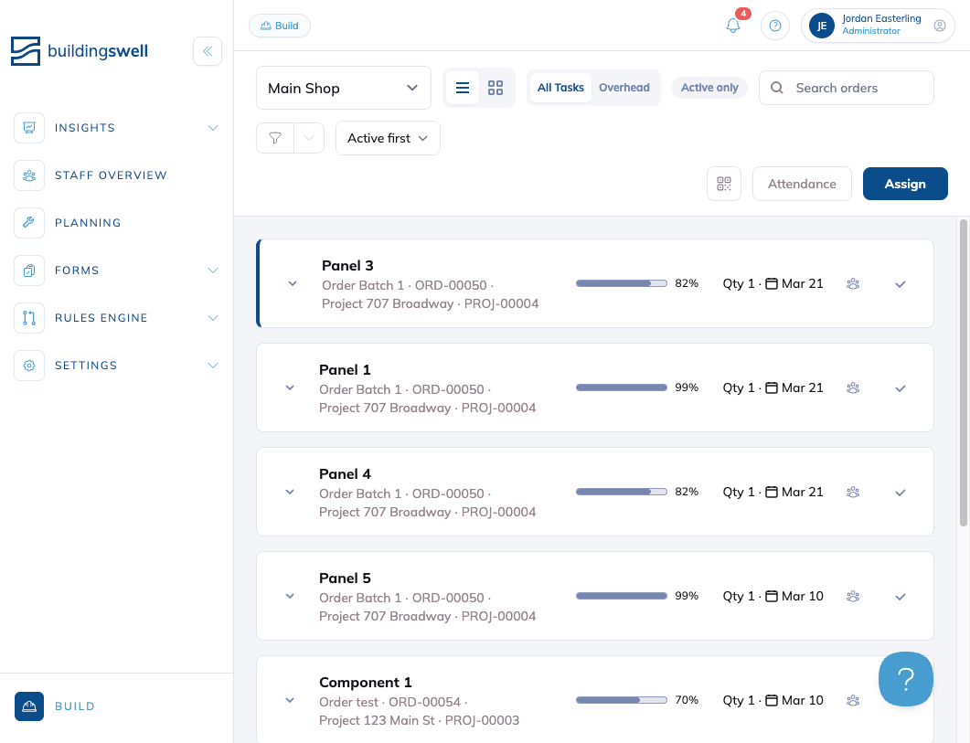 The Build page with the Attendance button in the top right, above unit cards showing their order, project, progress and due date.