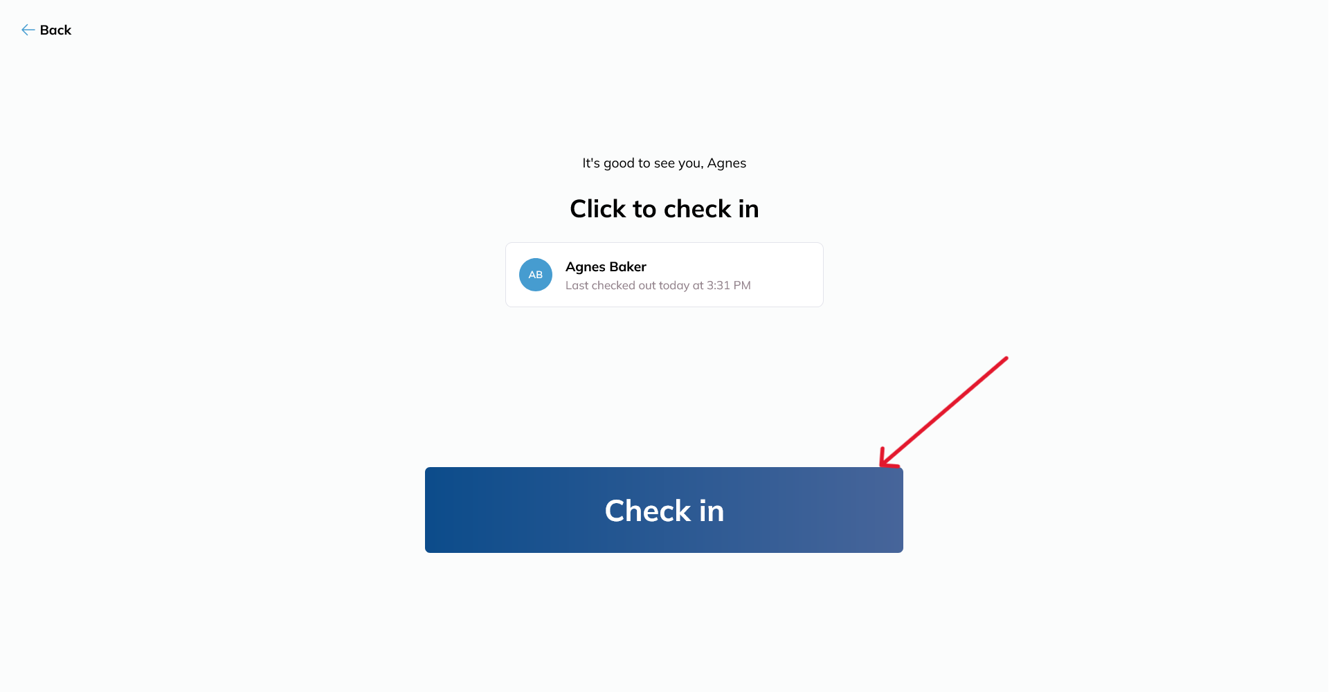 The check-in screen for a selected person, showing when they last checked out above a large Check in button.