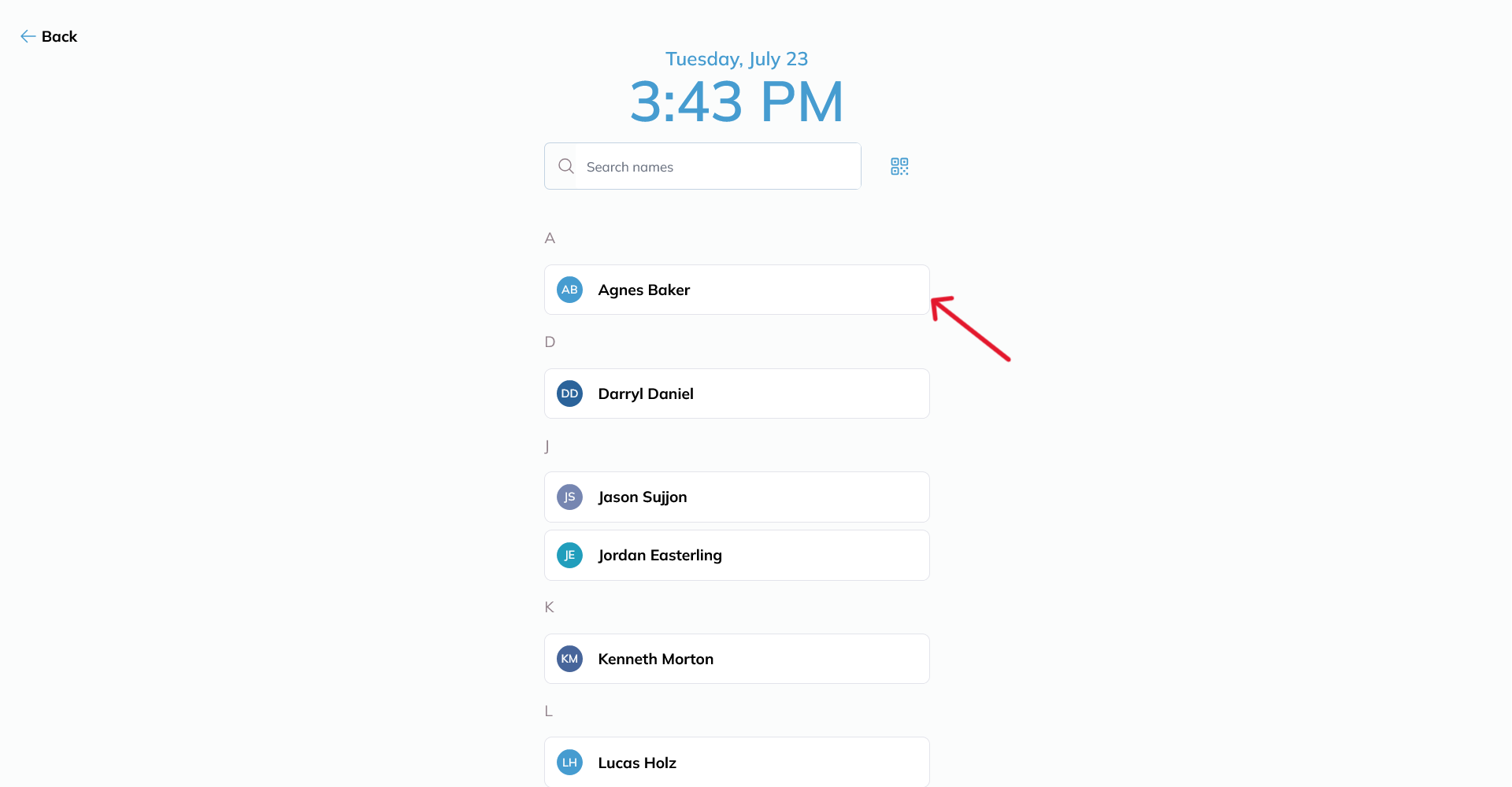 The attendance list with an arrow pointing to a person's name in the list.