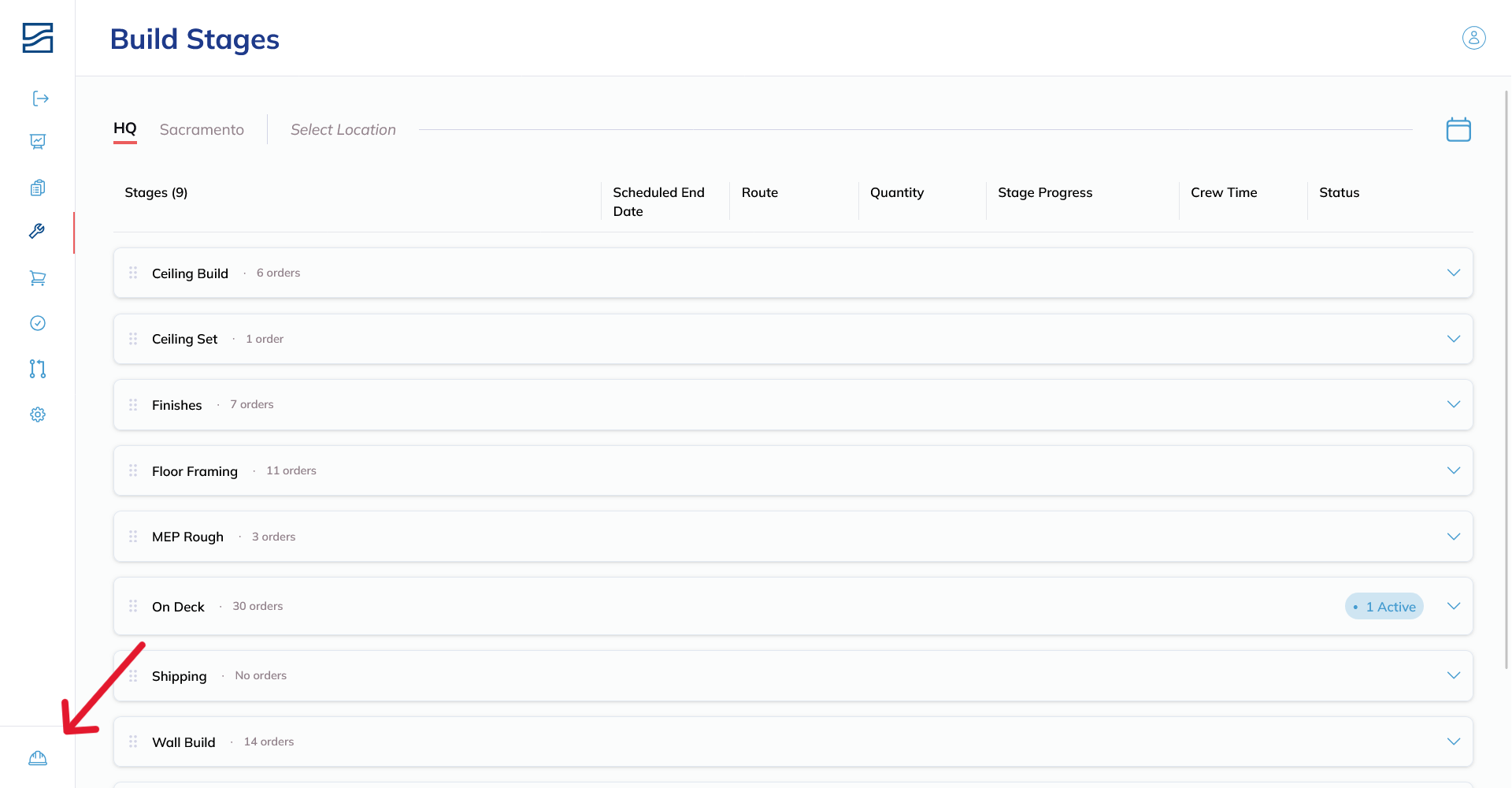 The Build stages list with an arrow pointing to the hard hat icon at the bottom of the left sidebar.
