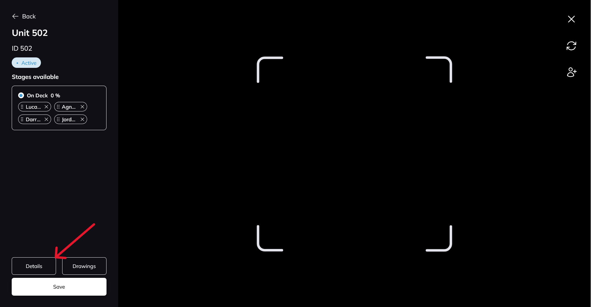 The scanner panel for a scanned order, with an arrow pointing to the Details button.