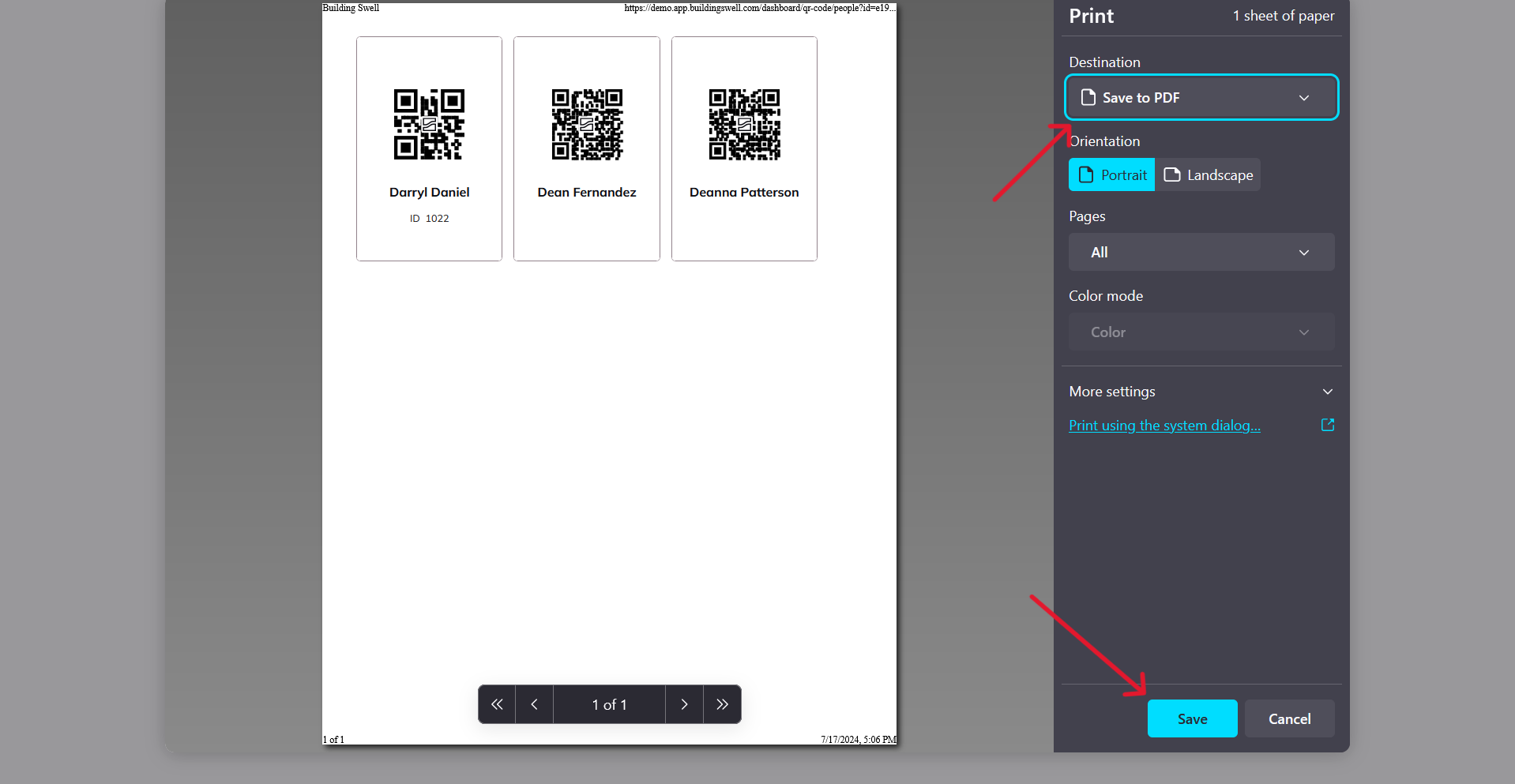 The browser print dialog previewing a sheet of QR badges, with Destination set to Save to PDF.