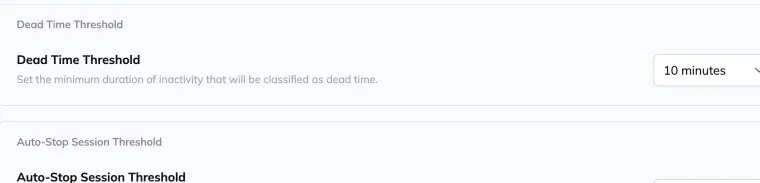 A department's Settings tab showing the Dead Time Threshold set to 10 minutes, described as the minimum duration of inactivity that will be classified as dead time, with the Auto-Stop Session Threshold below it.