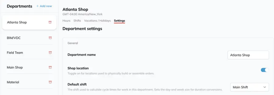 The Departments list under Rules Engine with Atlanta Shop selected, showing its Hours, Shifts, Vacations / Holidays and Settings tabs with Settings open on Department settings.