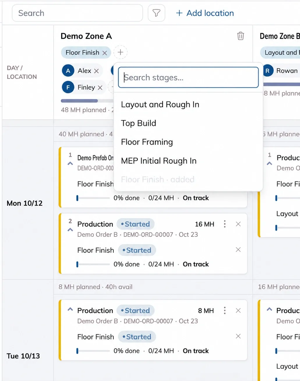 Stage picker in the daily team plan with fictional assignments.