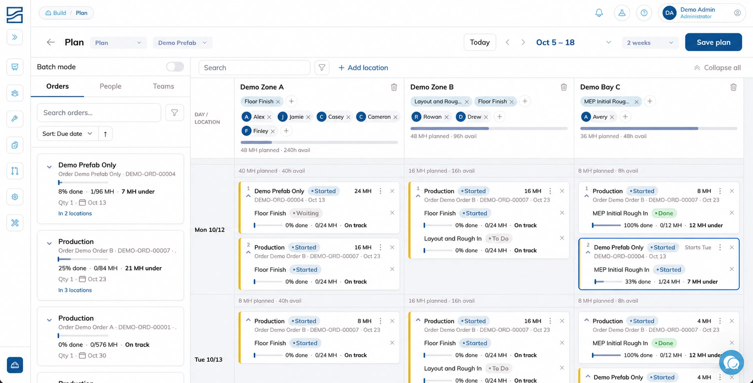 Daily team plan with fictional people, demo locations and orders, showing planned work and available hours.