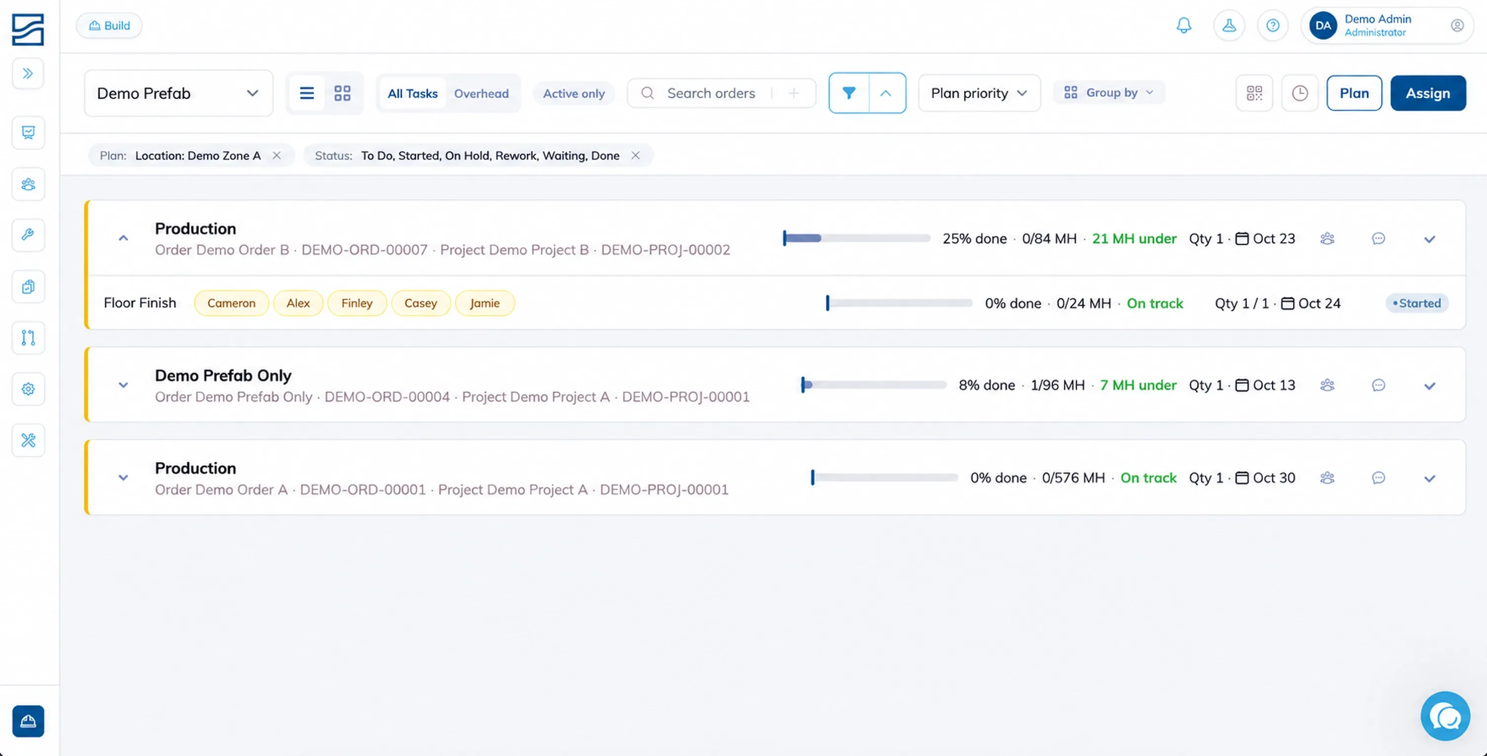 Build list filtered to Demo Zone A, with fictional orders and assigned people.
