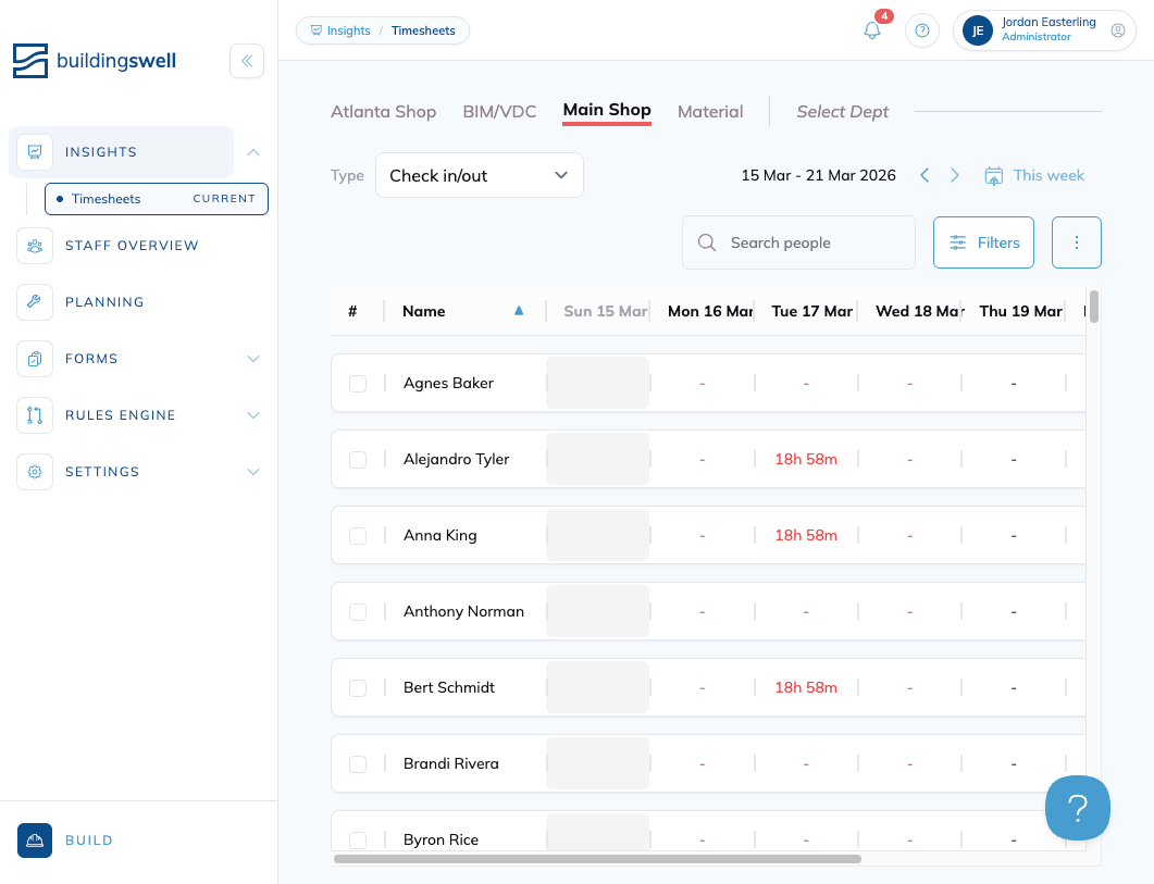 The Timesheets page in Check in/out view, with department tabs, the Type dropdown, week navigation, and a grid of team members against the days of the week.