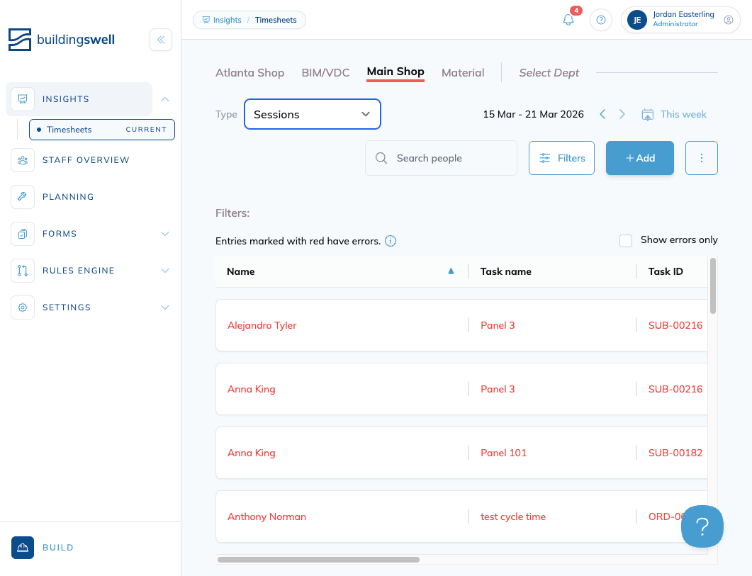 The Timesheets page switched to Sessions view, listing each session by name, task and task ID, with errored entries shown in red.