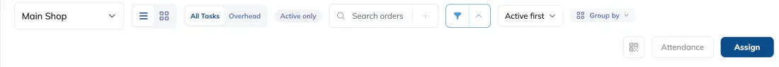 The Build toolbar, showing the shop selector, the list and grid view toggle buttons beside it, the All Tasks and Overhead filters, the order search, sorting, and the Assign button.
