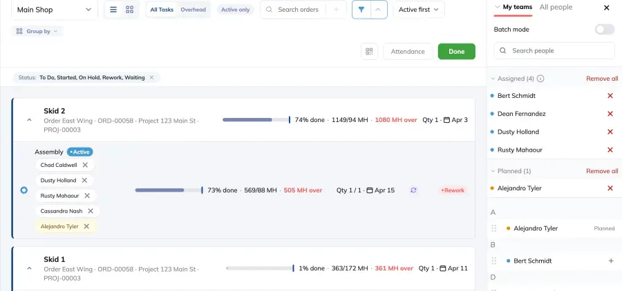 The Build page in assign mode, with one stage row selected and the people sidebar open on the right listing who is assigned, who is planned, and who is still available to add, above a green Done button.