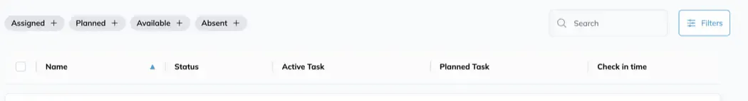 The Staff Overview status filters - Assigned, Planned, Available and Absent - beside the Search field and the Filters button.