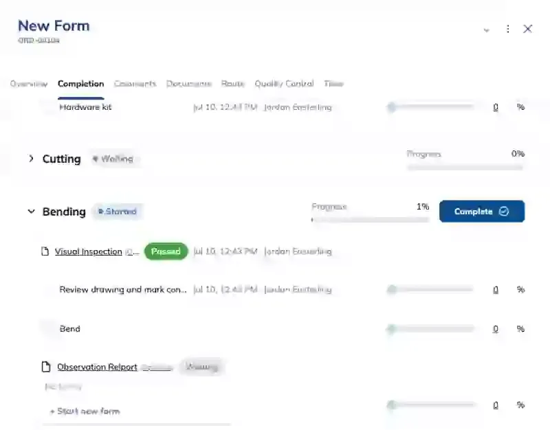 The Build view's deliverable drawer, open on the Completion tab. Inside the Bending stage, two inspection form steps sit inline among the stage's tasks: one marked Passed, and one marked Waiting with its menu open showing Start new form.