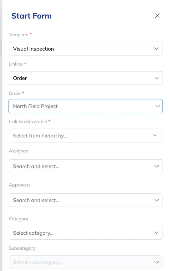 The Start form drawer, with a required Template picker, a Link to selector set to Order, the Order and Link to deliverable pickers beneath it, and optional Assignee, Approvers, Category and Subcategory fields.